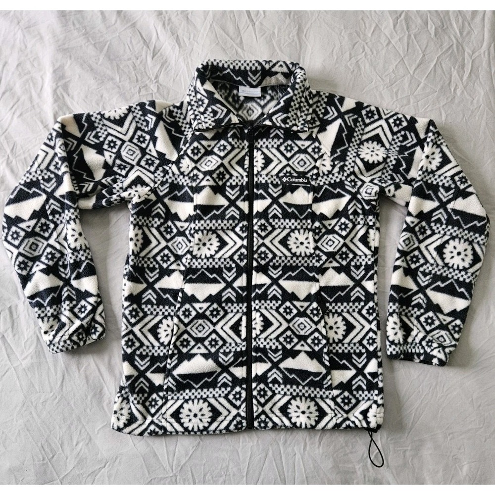 Columbia Women's Small Benton Springs Printed Full Zip Fleece Jacket Black White - Picture 2 of 6